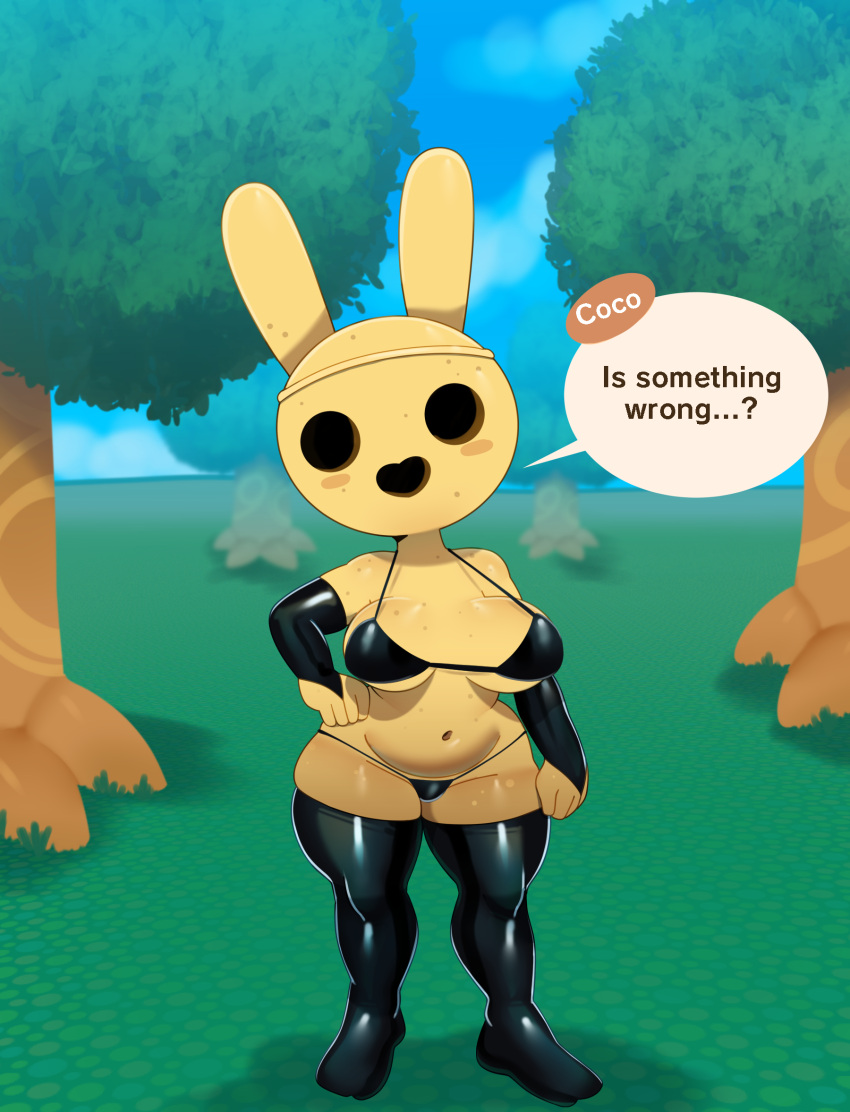 animal_crossing anthro armwear bikini black_clothing black_topwear blush bottomwear breasts clothed clothing coco_(animal_crossing) elbow_gloves empty_eyes fecharis female gloves gyroid handwear hi_res lagomorph legwear leporid looking_at_viewer mammal nintendo open_mouth potbelly rabbit solo somescrub swimwear text thigh_highs topwear video_games