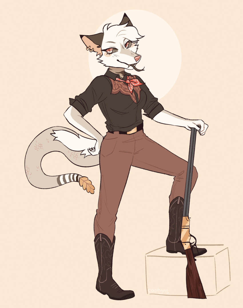 absurd_res anthro boots canid canine captyns clothing cowboy_boots footwear gun hi_res lever_action_rifle mammal ranged_weapon reptile rifle scalie snake solo weapon