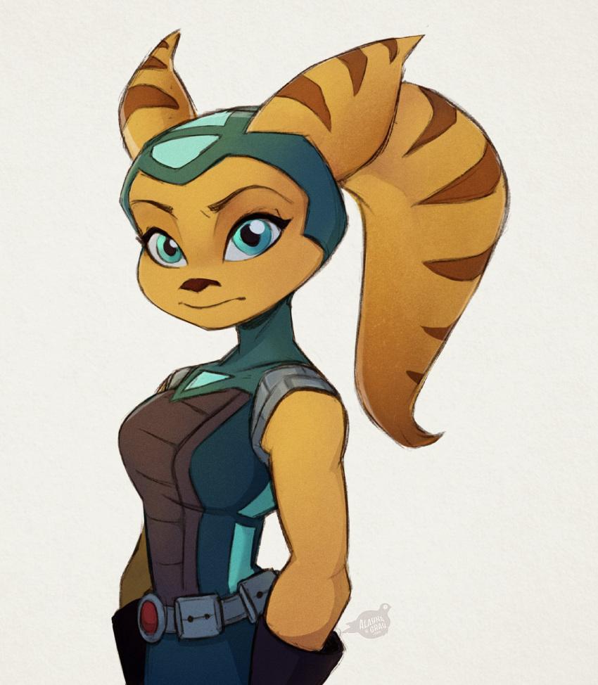 2021 alaynakgray angela_cross anthro belt breasts clothing eyebrows eyelashes female fur gloves handwear headgear headwear hi_res lombax looking_at_viewer mammal ratchet_and_clank simple_background solo sony_corporation sony_interactive_entertainment stripes teal_eyes video_games yellow_body yellow_fur