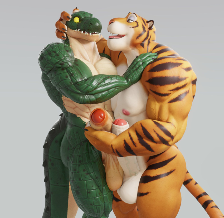 2021 3d_(artwork) abs anthro anthro_on_anthro balls balls_touching big_balls big_muscles big_penis claws collaboration connivingrat crocodile crocodilian crocodylid digital_media_(artwork) disney duo embrace erection felid foreskin frottage fur genitals green_body green_scales grey_background hand_on_head helm_(connivingrat) hi_res hug humanoid_genitalia humanoid_penis interspecies looking_at_another male male/male mammal muscular muscular_anthro muscular_male narrowed_eyes nipples nude orange_body orange_fur pantherine pecs penis reptile scales scalie sex simple_background smile standing striped_body striped_fur stripes teeth tiger tiger_dancer_(zootopia) tongue valorlynz vein veiny_penis zootopia