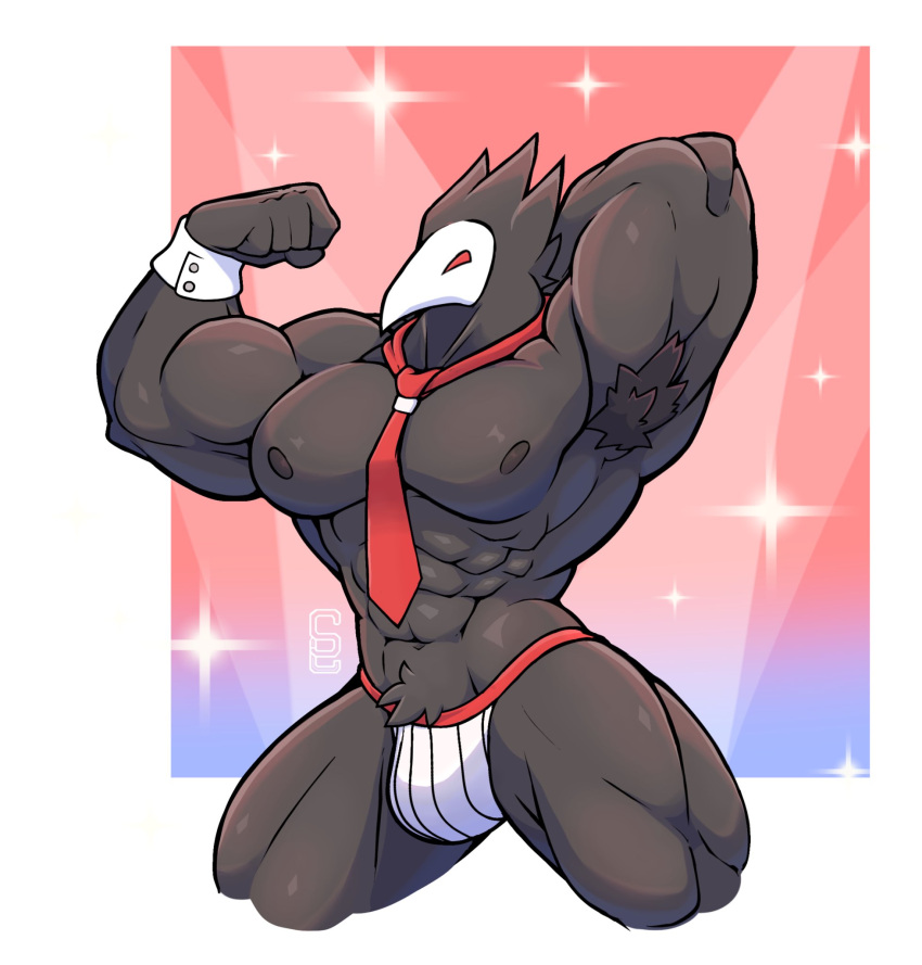 abs armpit_hair avian biceps black_body black_feathers body_hair clothing darkner deltarune feathers hi_res jockstrap male mask mostly_nude muscular muscular_male necktie nipples obliques pecs pose quads red_eyes solard0gg0 solo sparkles swatchling triceps undertale_(series) underwear video_games