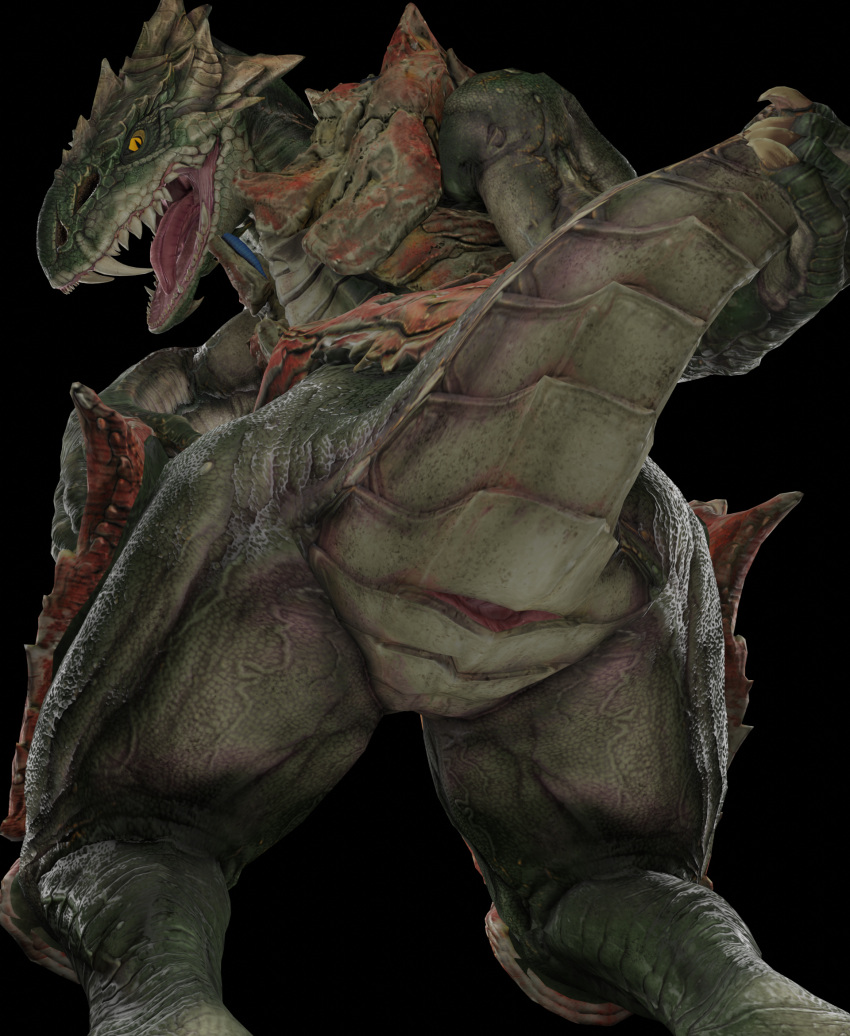 3d_(artwork) animal_genitalia anthro armor biped butt butt_focus cloaca digital_media_(artwork) female genitals hi_res horizontal_cloaca lizard mostly_nude muscular open_mouth presenting presenting_cloaca quake quake_champions raised_tail reptile reptilligator scalie sharp_teeth simple_background sorg_(species) sorlag teeth thick_thighs tongue veiny_muscles wide_hips yellow_sclera