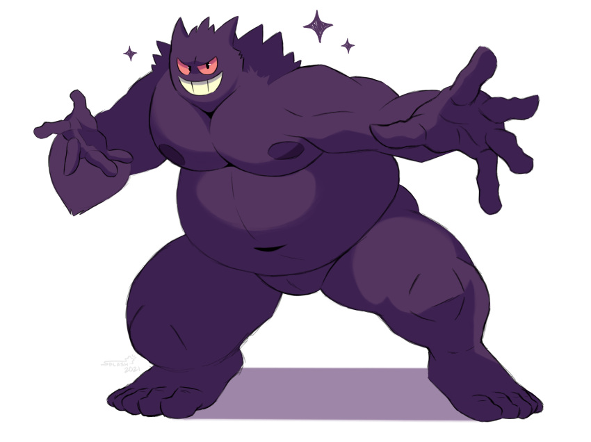 2021 anthro belly big_belly big_muscles fur gengar ghost hi_res horn humanoid_hands looking_at_viewer male moobs musclegut muscular muscular_anthro muscular_male narrowed_eyes navel nintendo nipples nude overweight overweight_anthro overweight_male pecs pok&eacute;mon pok&eacute;mon_(species) pose purple_body purple_fur simple_background smile solo spirit splashburr standing star thick_thighs tuft video_games white_background