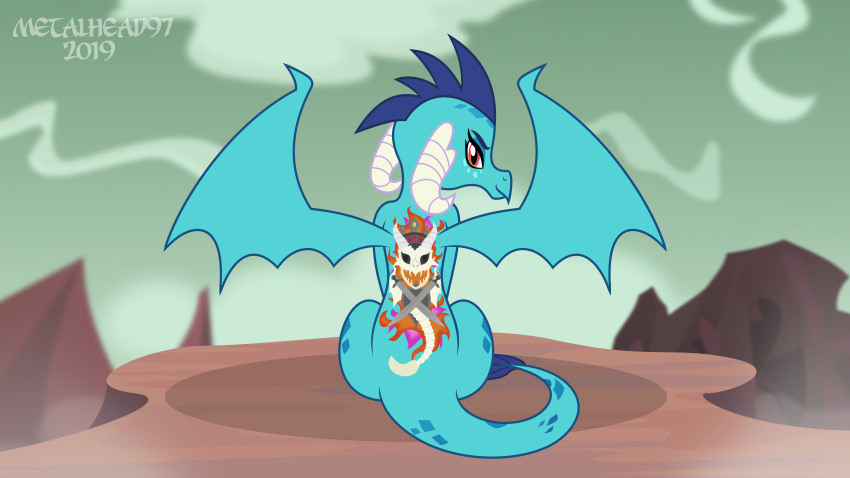 16:9 absurd_res back_tattoo dragon dragon_land female friendship_is_magic hasbro hi_res horn looking_at_viewer metalhead97 my_little_pony princess_ember_(mlp) sitting smile smiling_at_viewer solo spread_wings tattoo widescreen wings