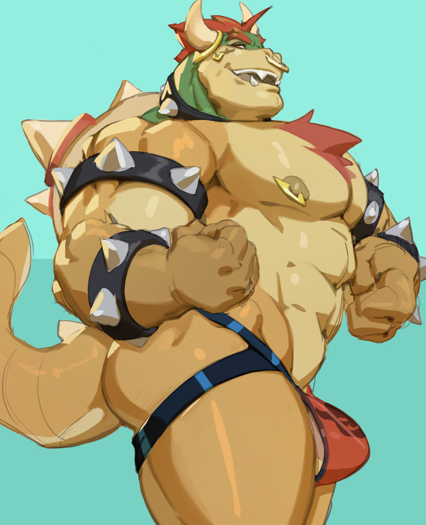 2021 abs absurd_res anthro armband barazoku big_bulge big_muscles blue_background body_hair bowser bracelet bulge chest_hair clothing collar eyebrows facial_piercing hair hi_res horn horn_jewelry horn_ring jewelry jockstrap koopa looking_at_viewer male mario_bros muscular muscular_anthro muscular_male narrowed_eyes navel nintendo nipples nose_piercing nose_ring open_mouth open_smile pecs piercing ring_(jewelry) scalie sharp_teeth shell simple_background smile solo spiked_armband spiked_bracelet spiked_collar spiked_shell spikes spikes_(anatomy) standing teeth thick_thighs tongue underwear video_games vincethetiger