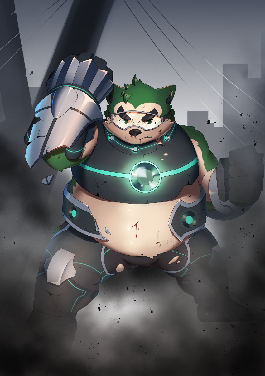 absurd_res anthro armor belly bernado_alte blood bodily_fluids broken_armor canid canine canis clothing domestic_dog eyebrows eyewear fur goggles green_body green_fur hi_res lifewonders live-a-hero male mammal mokdai overweight solo superhero thick_eyebrows torn_clothing unconvincing_armor video_games