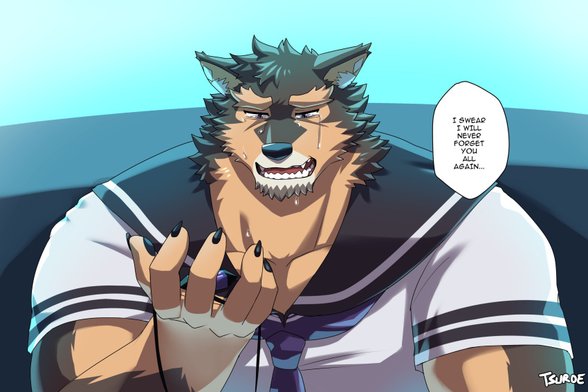 absurd_res anthro bodily_fluids brown_body brown_fur canid canine canis chuurow crying domestic_dog english_text fur hi_res jewelry lifewonders live-a-hero male mammal muscular muscular_anthro muscular_male necklace pubraseer sailor_uniform solo tears text video_games