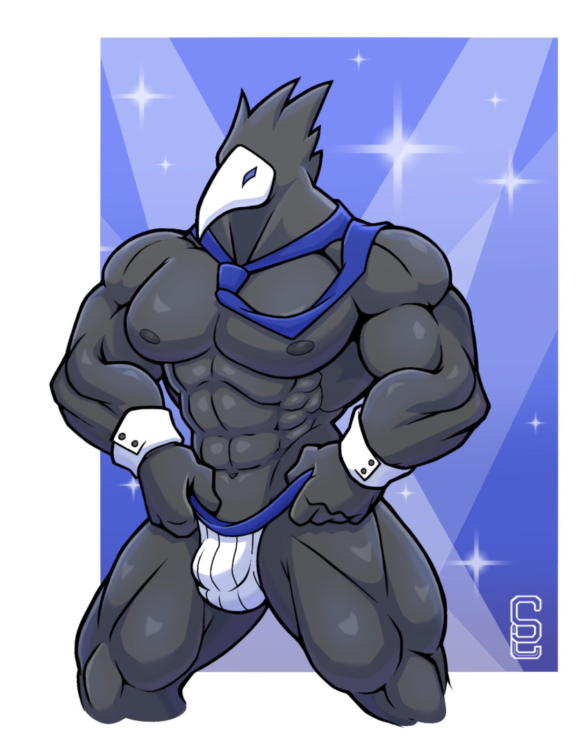 abs avian biceps black_body black_feathers blue_eyes clothing darkner deltarune feathers hi_res jockstrap male mask mostly_nude muscular muscular_male necktie nipples obliques pecs pose quads solard0gg0 solo sparkles swatchling triceps undertale_(series) underwear video_games