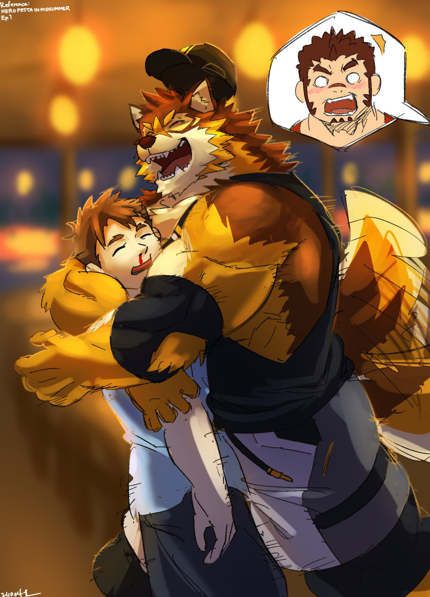 absurd_res akashi_(live-a-hero) anthro anthro_penetrating anthro_penetrating_human barrel_(live-a-hero) blood blush bodily_fluids bottomwear brown_body brown_fur brown_hair canid canine canis clothing duo embrace eyes_closed fur hair hat headgear headwear hi_res hug human human_on_anthro human_penetrated interspecies larger_anthro lifewonders live-a-hero male male/male male_operator mammal multicolored_body multicolored_fur muscular muscular_anthro muscular_male nosebleed offscreen_character open_mouth pants penetration protagonist_(live-a-hero) rotsw shirt size_difference smaller_human tail_motion tailwag tank_top topwear video_games wolf yellow_body yellow_fur