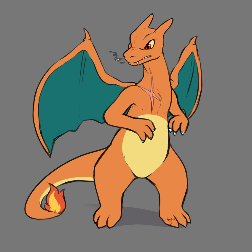 1:1 anthro charizard fire hi_res male membrane_(anatomy) membranous_wings mr.smile nintendo pok&eacute;mon pok&eacute;mon_(species) red_eyes scar smoke_from_nose solo video_games wings