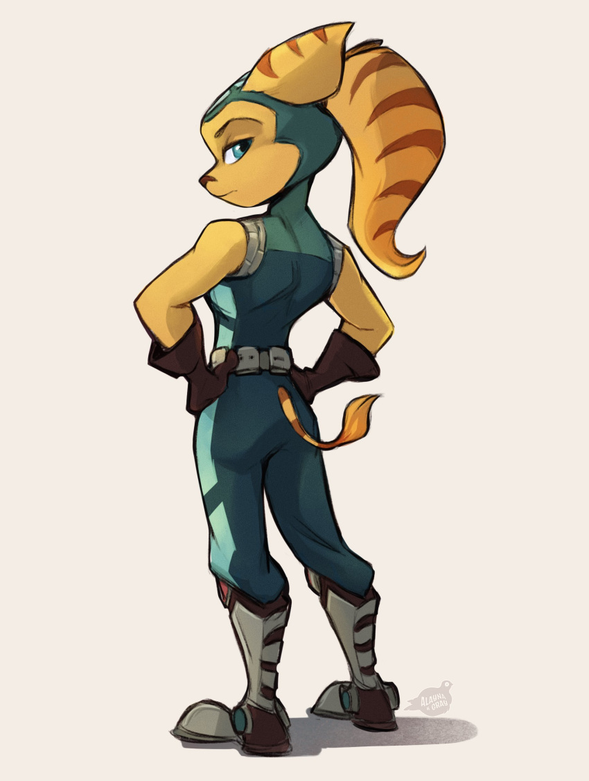 2021 absurd_res alaynakgray angela_cross anthro belt boots butt butt_pose clothing eyebrows eyelashes female footwear fur furgonomics gloves hands_on_hips handwear hi_res jumpsuit lombax looking_at_viewer looking_back looking_back_at_viewer mammal pose ratchet_and_clank rear_view simple_background solo sony_corporation sony_interactive_entertainment standing stripes tail_tuft teal_eyes tuft video_games yellow_body yellow_fur
