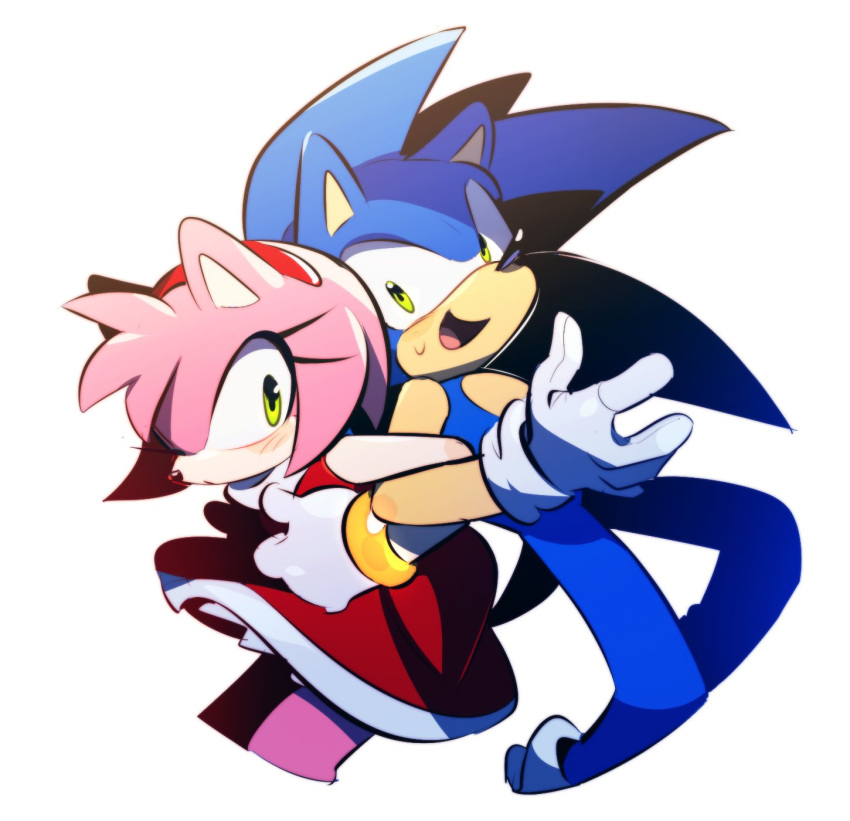 amy_rose anthro black_nose blue_body blue_fur blush clothing dress duo eulipotyphlan female fur green_eyes handwear hedgehog hi_res male mammal pink_body pink_fur sega simple_background sonic_the_hedgehog sonic_the_hedgehog_(series) weon1119