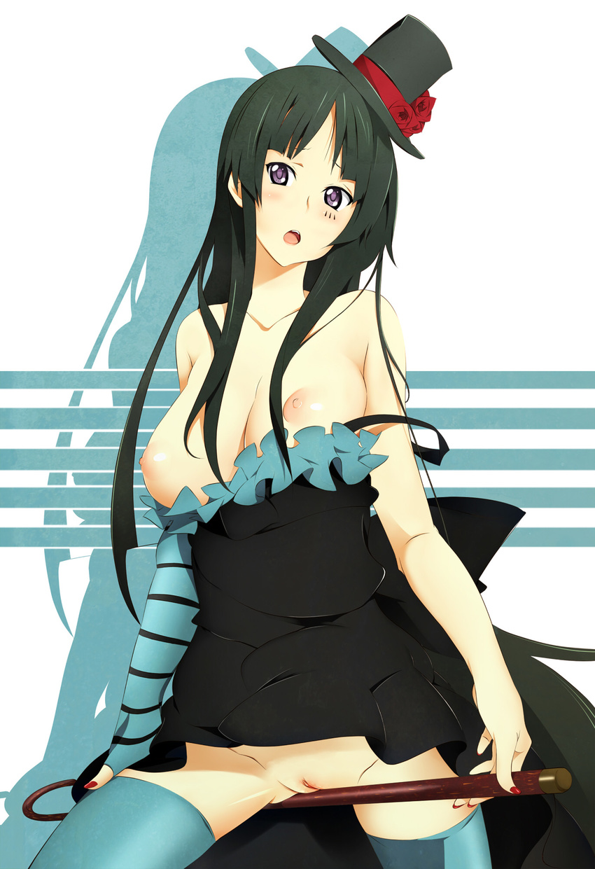 akiyama_mio bangs bare_shoulders black_hair blunt_bangs breasts cane dress hat highres hime_cut k-on! large_breasts long_hair mini_hat mini_top_hat nail_polish nanao_(mahaya) no_panties purple_eyes pussy solo thighhighs third-party_edit top_hat topless