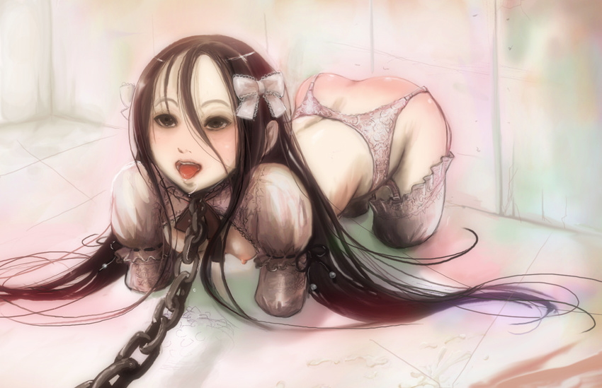 1girl all_fours amputee blush breasts brown_eyes brown_hair chains collar female guro hair_ribbon lingerie long_hair nipples open_mouth pet piddlefours quadruple_amputee ribbon saliva slave solo tongue underwear