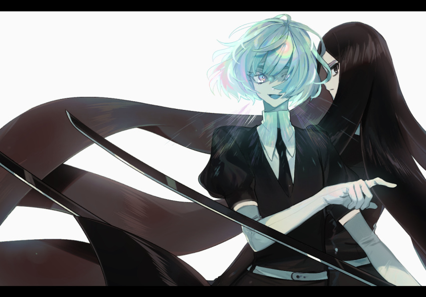 2others :d absurdly_long_hair bad_id bad_twitter_id belt black_eyes black_hair black_neckwear black_shirt black_shorts blue_eyes blue_hair bort closed_mouth collared_shirt diamond_(houseki_no_kuni) elbow_gloves gloves grey_background hair_over_one_eye holding holding_sword holding_weapon houseki_no_kuni katana letterboxed long_hair looking_at_viewer lunch_(lunchicken) multiple_others necktie one_eye_covered open_mouth pointing puffy_short_sleeves puffy_sleeves shirt short_sleeves shorts simple_background smile sword very_long_hair weapon white_gloves white_shirt wing_collar