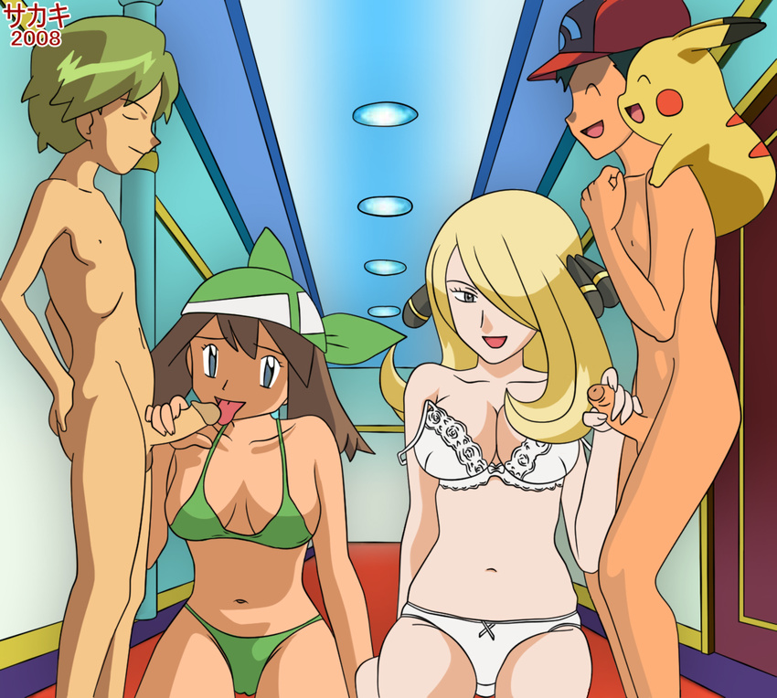 2girls bra fellatio foreskin foursome handjob haruka_(pokemon) kageta kneeling lingerie panties pokemon satoshi_(pokemon) shirona_(pokemon) tagme uncensored