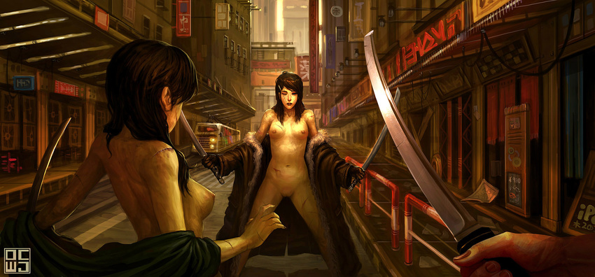 bad_id bad_pixiv_id blood breasts brown_hair cuts dcwj dual_wielding fur-trimmed_jacket fur_trim ground_vehicle highres holding injury jacket katana medium_breasts multiple_girls nail_polish nipples one_eye_closed original pov public_nudity realistic road scar spread_legs standing stitches street sword train undressing vanishing_point weapon