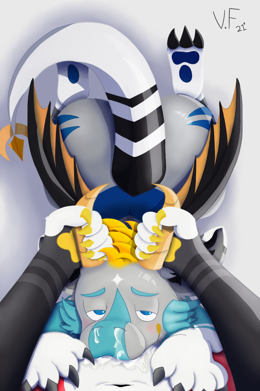 2:3 absurd_res anthro bedroom_eyes big_butt black_claws black_hair black_stripes black_wings blonde_hair blue_body blue_eyebrows blue_eyes blue_fur blue_pawpads blue_stripes blush bodily_fluids bodily_fluids_drip bodily_fluids_from_mouth bodily_fluids_from_nose bodily_fluids_in_mouth butt cheek_tuft claws clenched_teeth collar cum cum_from_mouth cum_from_nose cum_in_mouth cum_in_nose cum_inside cum_leaking cum_on_face cum_on_self dragon duo elbow_tufts eyebrows eyes_closed facial_tuft fellatio first_person_view forced forced_oral fur furred_dragon genital_fluids grasp grey_arms grey_background grey_body grey_fur hair hi_res highlights_(coloring) hindpaw holding_horn horn humanoid hybrid knotting leaning leaning_forward looking_at_viewer looking_pleasured looking_up male male/male narrowed_eyes oozing_cum open_mouth oral oral_knotting oral_penetration orgasm pawpads paws paws_on_hips penetration penile red_body red_fur seductive sex shaded shadow simple_background small_waist soft_shading spiked_tail spikes spikes_(anatomy) stripes sucking tan_horn tan_horns teeth tuft vance_(vancefluff) vancefluff white_paws_(anatomy) white_stripes white_tail wings yellow_body yellow_claws yellow_fur