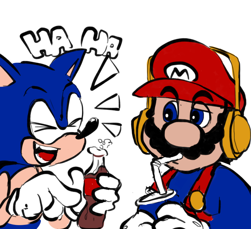 anthro beverage clothing coca-cola duo eulipotyphlan eyes_closed facial_hair gloves handwear hat headgear headphones headwear hedgehog hi_res human laugh male mammal mario mario_bros mustache nintendo open_mouth pepsi sega sonic_adventure sonic_the_hedgehog sonic_the_hedgehog_(series) text toony unknown_artist video_games