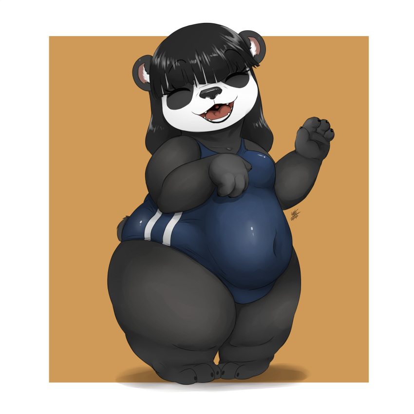 1:1 2021 absurd_res black_hair border breasts clothed clothing eyes_closed female fully_clothed giant_panda hair hi_res louart mammal navel open_mouth open_smile overweight smile ursid white_border