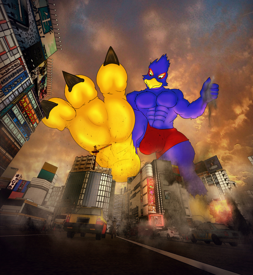 absurd_res anthro avian bird boxer_briefs bulge car city clothing detailed_bulge falco_lombardi feet genital_outline hi_res human looking_down low-angle_view macro male mammal nintendo penis_outline rampage simply-a_watcher star_fox stomping sunset underwear vehicle video_games