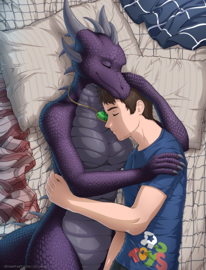 2021 5_fingers anthro breasts brown_hair clothed clothing cuddling digital_media_(artwork) dragon duo featureless_breasts female fingers hair hi_res human jay-kuro larger_anthro larger_female lying male mammal non-mammal_breasts nude scales size_difference smaller_human smaller_male smile spines wingless_dragon