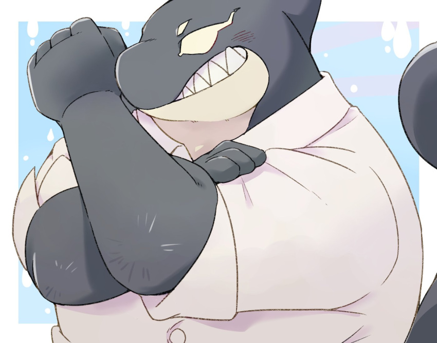 2021 anthro black_body cetacean clothing delphinoid green_bell humanoid_hands kemono male mammal marine oceanic_dolphin orca overweight overweight_male shirt simple_background solo toothed_whale topwear white_body