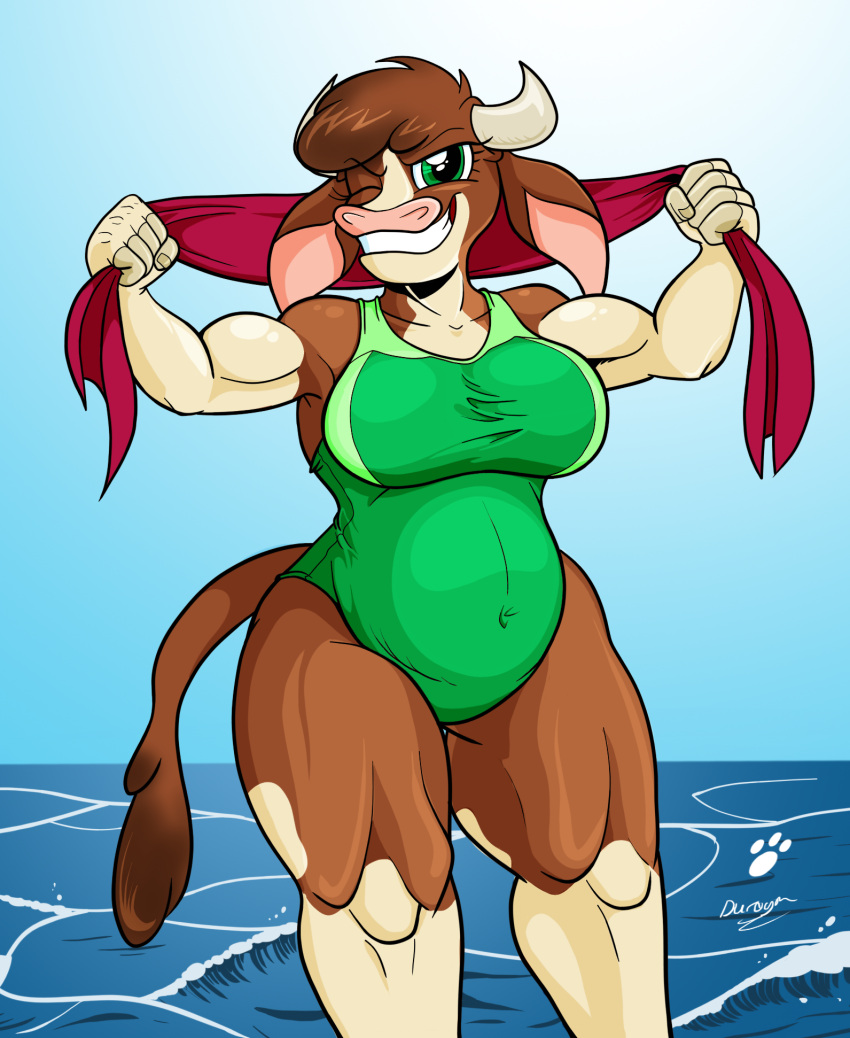 anthro arizona_cow_(tfh) big_breasts bovid bovine breasts cattle clothing duragan female hi_res horn looking_at_viewer mammal muscular muscular_female one-piece_swimsuit one_eye_closed seaside solo swimwear them's_fightin'_herds thick_thighs towel