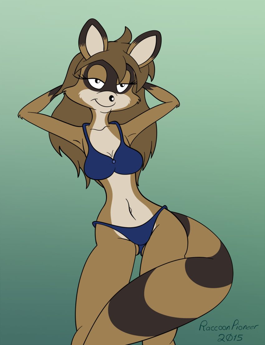 2015 anthro bikini clothing female hi_res mammal procyonid raccoon raccoonpioneer solo swimwear