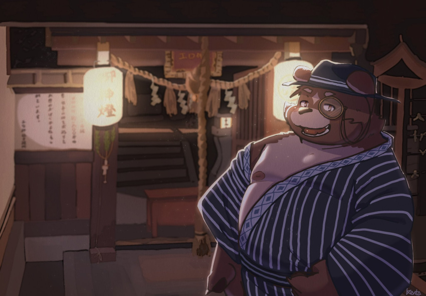 2021 anthro asian_clothing belly brown_body clothing detailed_background east_asian_clothing eyewear hat headgear headwear hi_res japanese_clothing kemono kentachen27 male mammal monocle moobs nipples outside overweight overweight_male solo ursid yukata