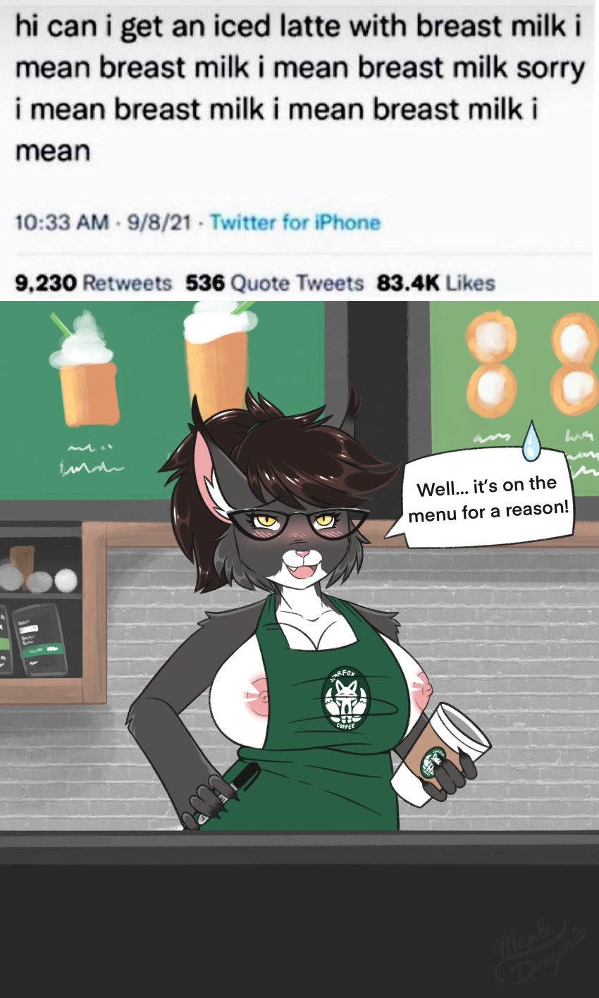 2021 absurd_res alex_(firefox42) amused anthro apron apron_only areola barista beverage big_breasts black_body black_fur black_hair blush breasts cafe claws clothed clothing coffee coffee_cup coffee_shop container cup dialogue digital_media_(artwork) ear_tuft embarrassed english_text eyewear facial_tuft felid feline female fur glasses green_apron hair hi_res holding_object huge_breasts i_mean_breast_milk inner_ear_fluff inside looking_at_viewer lynx mammal mapledragon_art marker meme mostly_nude narrowed_eyes nipple_slip nipples nonbinary_(lore) open_mouth partially_clothed pink_areola pink_nipples pink_nose smile solo text text_on_apron text_on_clothing tuft twitter white_body white_fur yellow_eyes