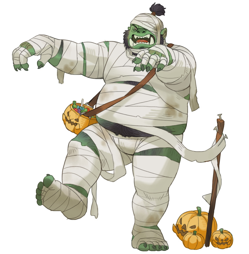 2021 absurd_res food fruit green_body halloween halloween_costume hi_res holidays humanoid humanoid_hands huynhduyad14 male mummy_costume orc overweight overweight_male plant pumpkin simple_background solo white_background