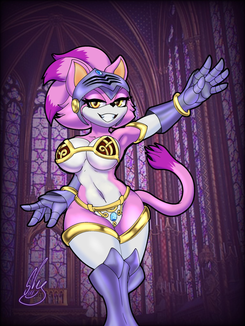 3:4 amber_eyes anthro armor barely_sly bikini bikini_armor blaze_the_cat breasts clothing eyelashes female fur hi_res looking_at_viewer mostly_nude photo_background purple_body purple_fur sega signature sir_percival_(sonic_and_the_black_knight) solo sonic_and_the_black_knight sonic_storybook_series sonic_the_hedgehog_(series) swimwear unconvincing_armor white_body white_fur