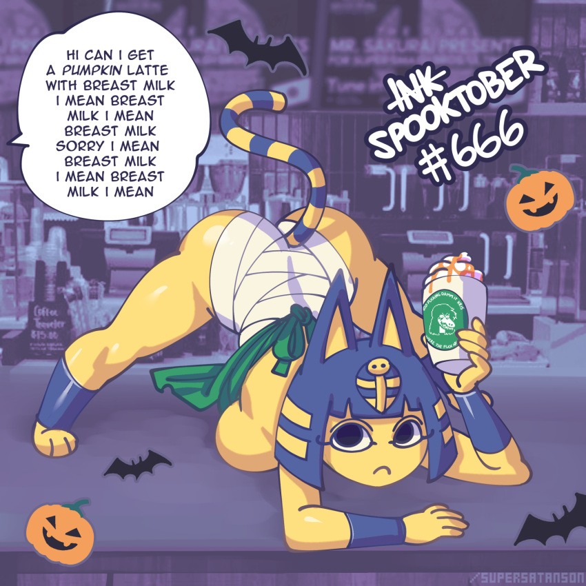 1:1 animal_crossing ankha_(animal_crossing) anthro apron ass_up beverage blue_hair caramel_(disambiguation) chiropteran clothing coffee deltarune dialogue domestic_cat english_text felid feline felis female hair halloween hi_res holidays i_mean_breast_milk jack-o'-lantern jack-o'_pose kris_where_are_we mammal meme nintendo pose solo starbucks super_smash_bros. super_smash_bros._ultimate supersatanson susie_(deltarune) text undertale_(series) video_games yellow_body