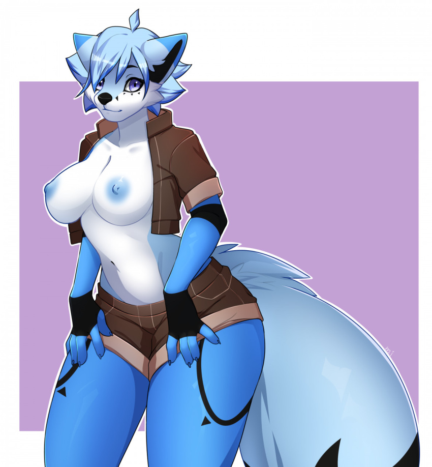 5_fingers anthro areola big_breasts big_tail black_body black_fur black_nose blue_areola blue_body blue_claws blue_fur blue_hair blue_nipples border bottomwear breasts canid canine cheek_tuft claws clothed clothing cowlick darts_(azurox) digital_media_(artwork) eyelashes facial_markings facial_tuft female fingerless_(marking) fingers fox fur gloves_(marking) hair hair_over_eye hands_on_thighs head_markings hi_res leaning leaning_forward looking_at_viewer mammal markings mojaloo multicolored_body multicolored_fur navel nipples one_eye_obstructed open_clothing open_shirt open_topwear purple_background purple_eyes shaded shadow shirt short_hair shorts signature simple_background solo standing topwear tuft white_body white_border white_fur
