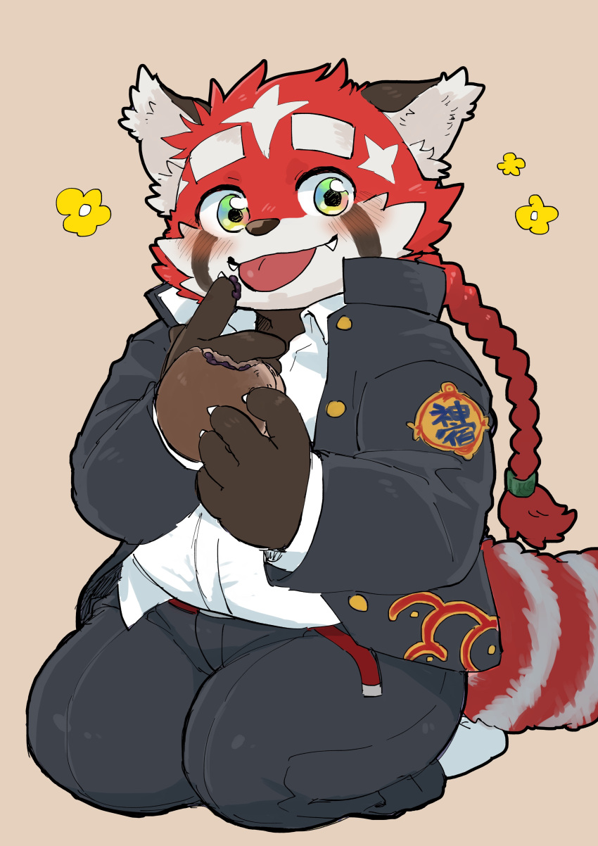 2021 absurd_res ailurid anthro belly blush bottomwear brown_nose clothing cute_fangs food fur hi_res humanoid_hands kemono lifewonders male mammal nunutaro3 overweight overweight_anthro overweight_male pants red_body red_fur red_panda shirt simple_background sitting solo tokyo_afterschool_summoners topwear video_games white_body white_fur zhurong_(tas)