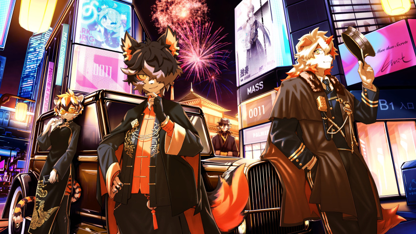 16:9 aak_(arknights) anthro arknights black_body black_hair canid canine canis car city clothed clothing domestic_dog emit_azure felid female fireworks fur group hair hat headgear headwear hi_res horn hung_(arknights) hypergryph looking_at_viewer male mammal multicolored_body multicolored_fur multicolored_hair night orange_body orange_fur orange_hair outside pantherine short_hair studio_montagne tiger vehicle video_games waaifu_(arknights) white_body white_fur white_hair widescreen