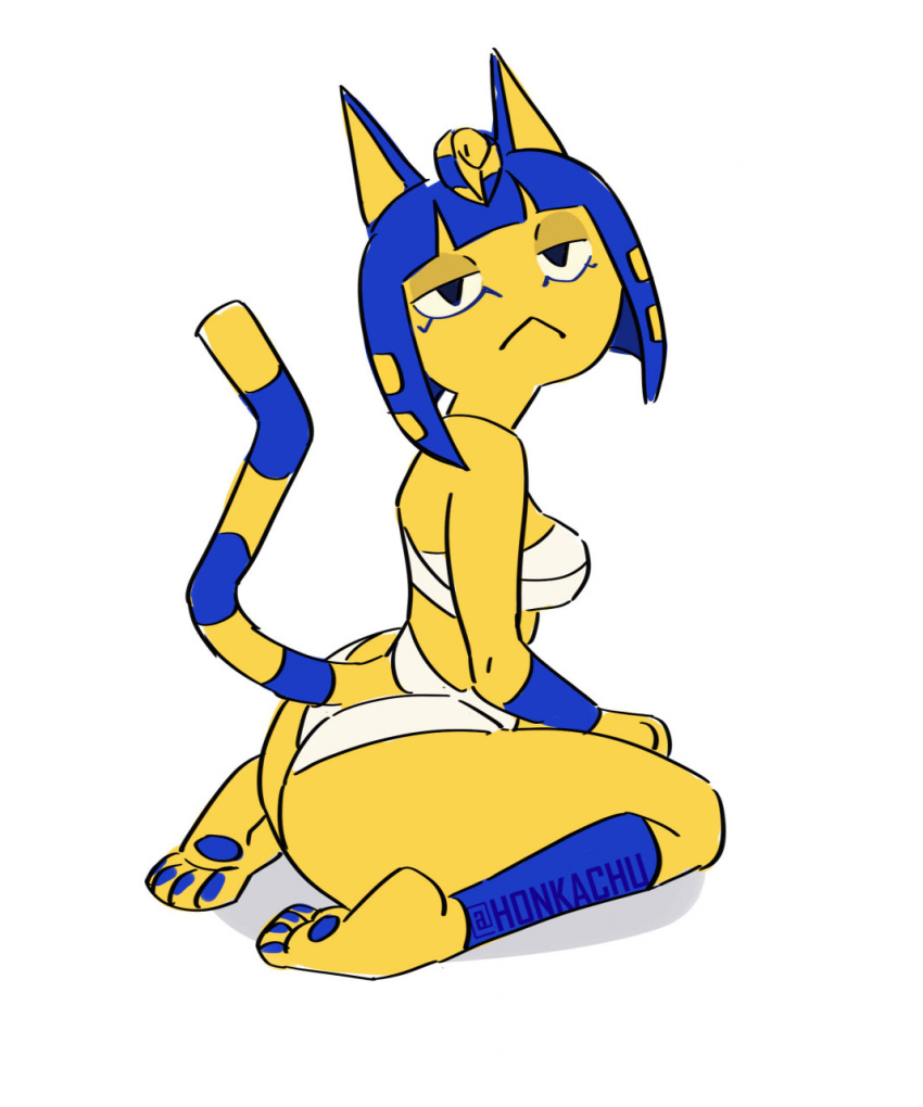 2021 animal_crossing ankha_(animal_crossing) anthro big_butt butt clothing domestic_cat egyptian_clothing felid feline felis female hi_res honkachu kneeling looking_at_viewer looking_back mammal nintendo solo video_games