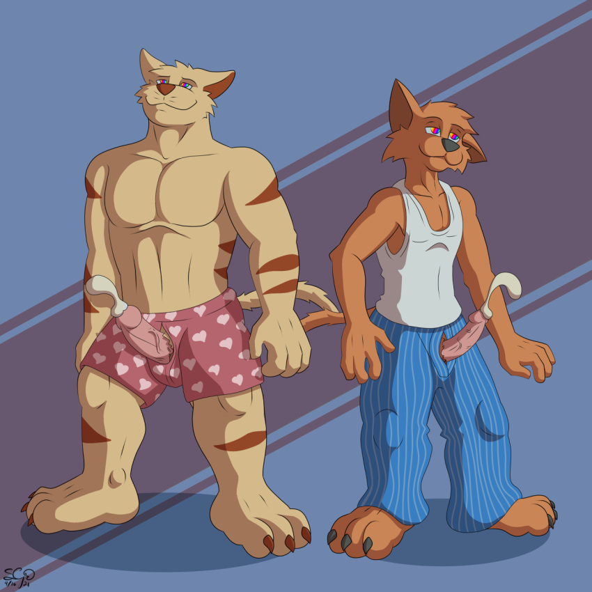 1:1 anthro bottomwear boxers_(clothing) brown_body brown_fur brown_stripes canid canine canis chance_furlong clothed clothing domestic_dog duo erection felid feline fur genitals hanna-barbera hi_res hypnosis hypnotic_eyes jake_clawson male male/male mammal mind_control muscular muscular_anthro muscular_male nenana-uso open_bottomwear open_clothing open_pants pajama_pants pajamas pants penis skinny skinny_anthro skinny_male striped_body striped_fur stripes swat_kats underwear yellow_body yellow_fur