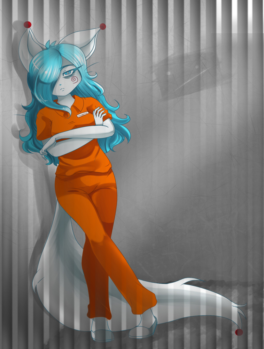 anthro arctic_wolf blue_hair blue_nose bottomwear breasts canid canine canis catgirls_on_the_loose cheek_markings clothed clothing crossed_arms eye_bags facial_markings female footwear fur hair hair_over_eye head_markings hi_res jail_bars mammal markings one_eye_obstructed orange_bottomwear orange_clothing orange_pants orange_shirt orange_topwear pants plantigrade prison prison_cell prison_uniform prisoner shadow shirt solo topwear valdroxx_studios white_body white_clothing white_footwear white_fur wolf zafiro_(cristali)