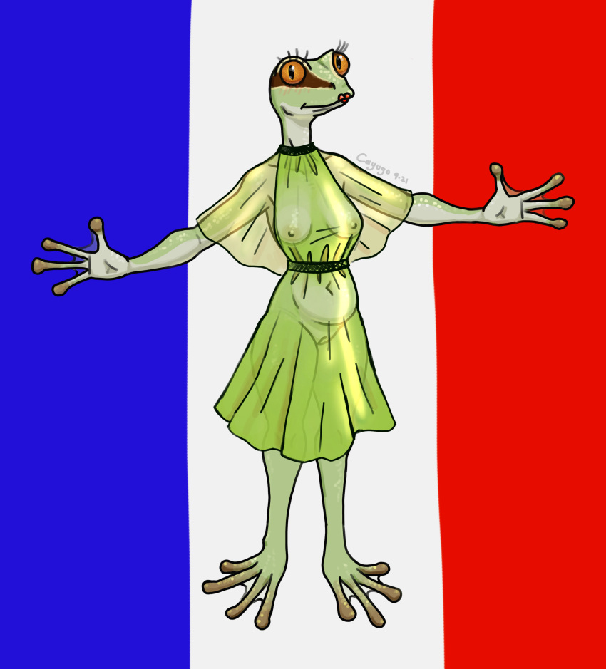 4_fingers 4_toes absurd_res amphibian anthro areola arms_out belly big_belly blush breasts cayugo cel_shading clothing countershading dress eyelashes feet female fingers fingers_spread french french_flag frog genitals glistening glistening_clothing green_body green_clothing green_dress hi_res lipstick looking_at_viewer makeup membrane_(anatomy) navel nipples non-mammal_breasts orange_eyes orange_sclera palms pupils pussy shaded simple_background slit_pupils smile solo thick_thighs toes translucent translucent_clothing webbed_feet webbed_hands