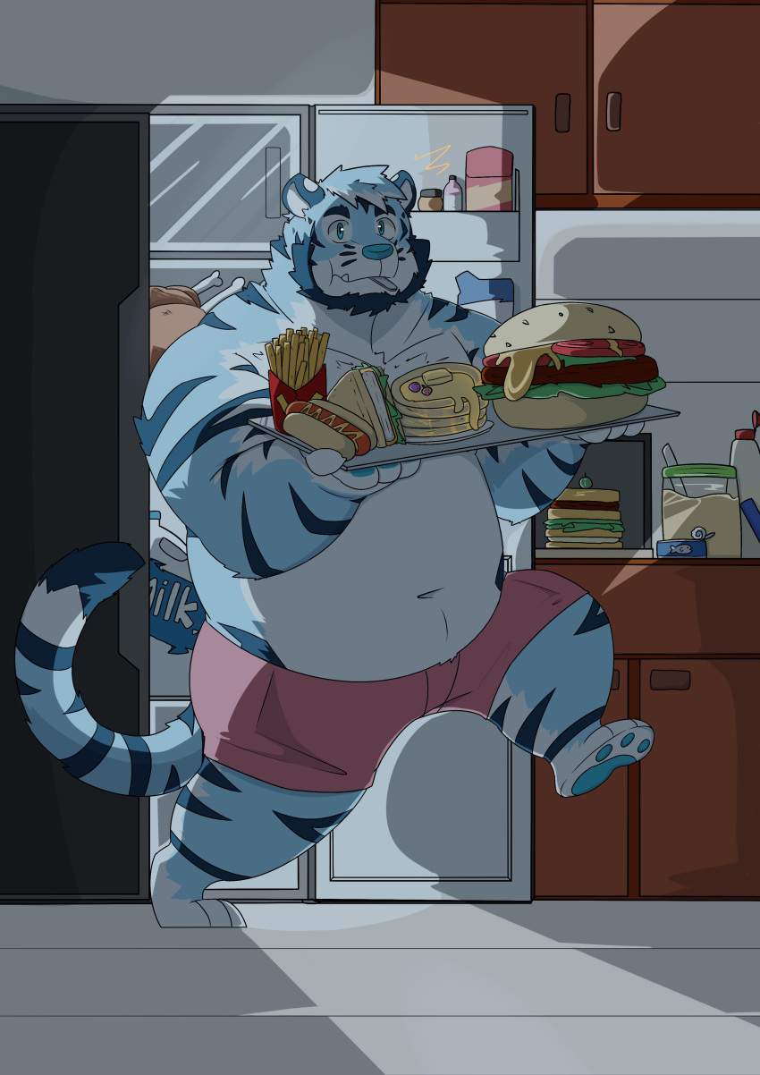 2021 absurd_res anthro appliance belly blue_body blue_fur blue_nose bottomwear burger clothing detailed_background felid food fridge fries fur hi_res hot_dog humanoid_hands inside kitchen kitchen_appliance male mammal maximoffex navel night overweight overweight_male pancake pantherine sandwich_(food) shorts solo tiger white_body white_fur