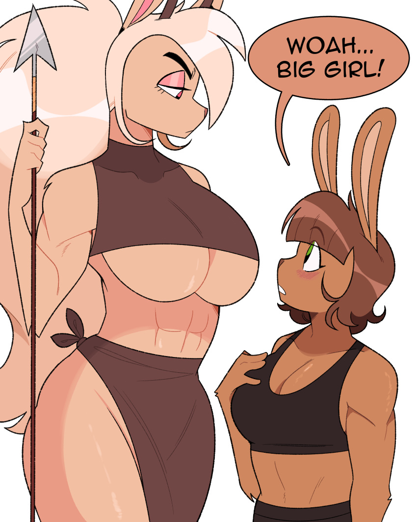 4:5 abs absurd_res anthro antlers big_breasts breast_size_difference breasts cleavage clothed clothing comic dialogue female hi_res holding_object holding_spear holding_weapon horn idolomantises jackalope lagomorph larger_female leporid mammal melee_weapon polearm rabbit size_difference smaller_female spear taller_female under_boob weapon