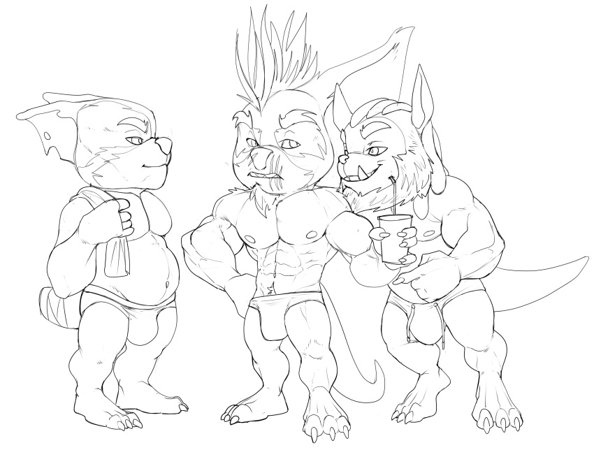 2021 3_toes 5_fingers absurd_res anthro bandaged_tail barefoot beard big_biceps big_deltoids big_ears big_head big_muscles big_pecs big_quads big_tail big_triceps bitter_(bristol) black_and_white bristol bulge chua chubby_anthro chubby_male claws clothed clothing container cup digital_drawing_(artwork) digital_media_(artwork) ear_size_difference ears_back eye_contact eyebrows facial_hair facial_scar fan_character feet fingers fluffy_ears frown full-length_portrait gesture grin group hair half-closed_eyes hand_on_hip hi_res holding_cup holding_object holding_towel humanoid_hands lip_scar long_hair long_mane looking_at_another looking_at_partner male mammal monochrome muscle_size_difference musclegut muscular muscular_anthro muscular_male narrowed_eyes navel nipples open_frown open_mouth open_smile overweight overweight_anthro overweight_male pecs pivoted_ears plantigrade pointing pointing_at_another portrait pubes quads scar short_anthro short_male simple_background skimpy slightly_chubby_anthro slightly_chubby_male smile speedo standing straw swimwear thick_eyebrows three-quarter_view toes toony topless topless_anthro topless_male towel towel_on_shoulder trio video_games white_background wildstar