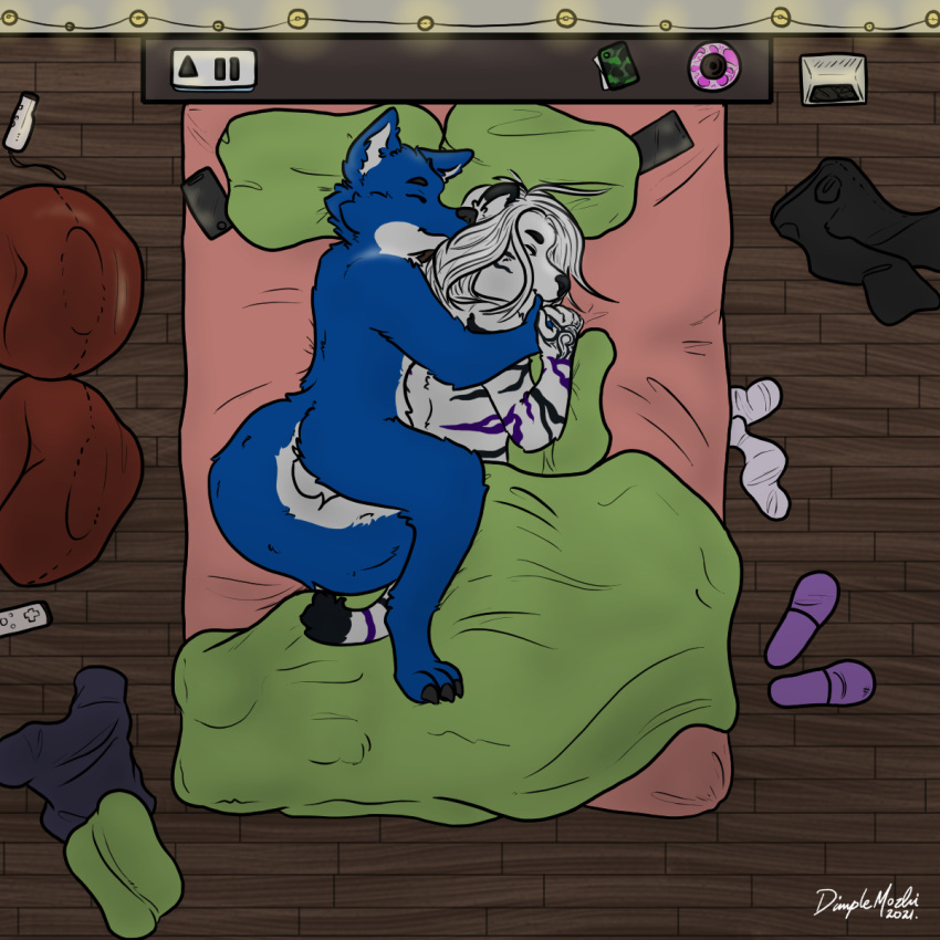 1:1 anthro bed bedroom canid canine canis cuddling dimple_the_dalmatian duo felid furniture hi_res hylian_"echo"_wolf interspecies male male/male mammal pantherine sakuri_rainne sleeping stripes tiger wolf
