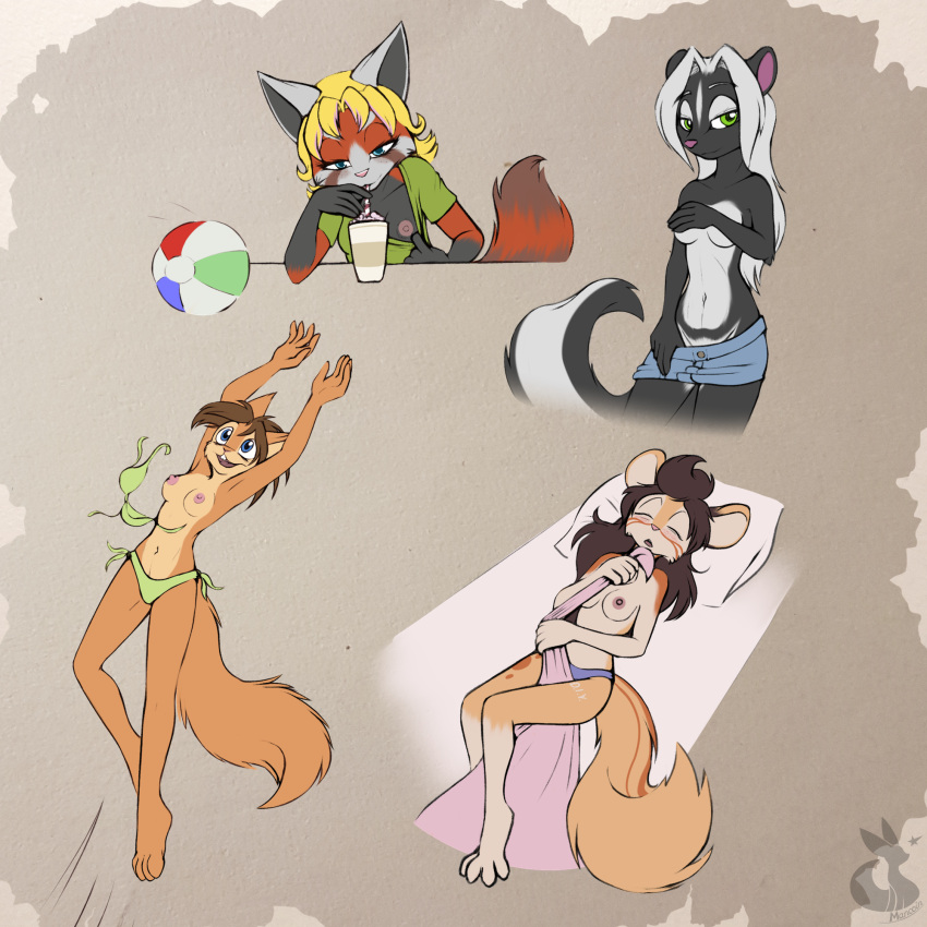 1:1 4_toes 5_fingers anthro april_berry_(mancoin) areola barefoot bikini biped black_body black_fur black_nose blue_eyes blush bottomwear bottomwear_pull breasts brown_body brown_fur chipmunk clothed clothing clothing_pull covering covering_breasts covering_self digital_media_(artwork) exposed exposed_breasts feet female fingers foxyverse fur ground_squirrel hair hi_res long_hair looking_at_viewer mammal mancoin navel nipples open_mouth rachel_nutbury_(mancoin) rebeca_silverin rodent samantha_silverin_(mancoin) sciurid shirt shirt_pull shorts shorts_pull signature simple_background small_breasts smile spread_toes swimwear toes topless topwear topwear_pull tree_squirrel underwear undressing untied untied_bikini wardrobe_malfunction wet_dream white_body white_fur