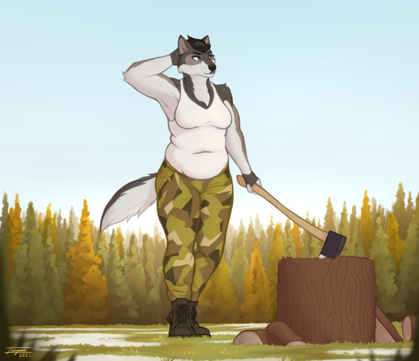 2021 5_fingers anthro black_hair black_nose breasts canid canine canis clothed clothing day detailed_background digital_media_(artwork) female fingers fur grass grey_body grey_fur hair mammal outside plant sky slightly_chubby solo standing tenynn wolf