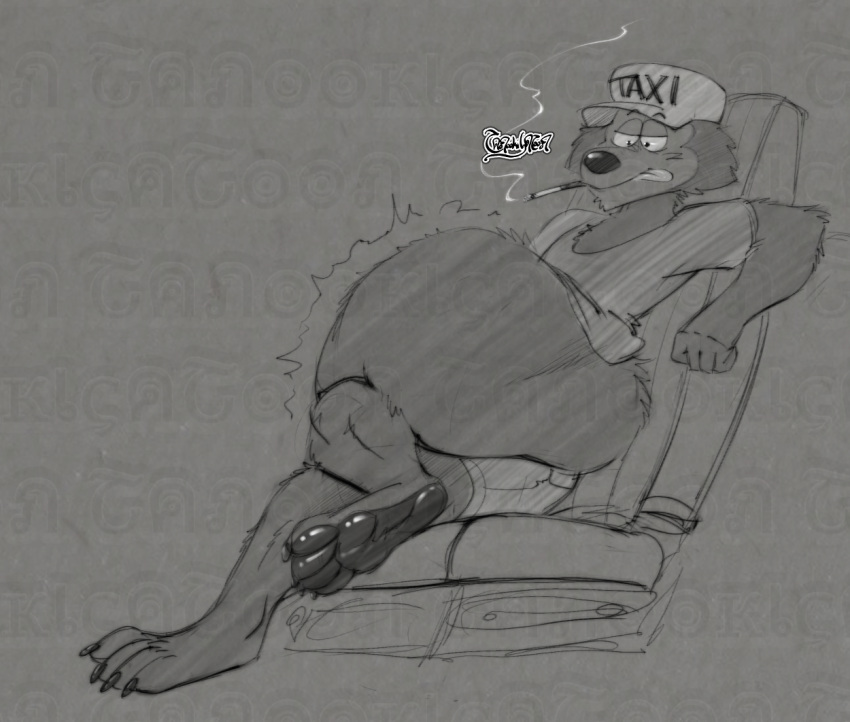 4_toes after_vore anthro belly canid canine canis conditional_dnp digestion domestic_dog feet male male_pred mammal monochrome paws smoking soft_vore tanookicatoon taxi_driver(dragonball) toes vore