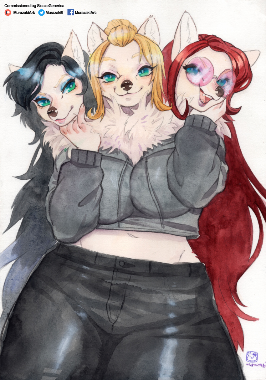 3_heads absurd_res anthro black_hair blonde_hair breasts canid cerberus clothed clothing european_mythology female fur greek_mythology hair hi_res mammal multi_head murazaki mythology red_hair shirt topwear white_body white_fur