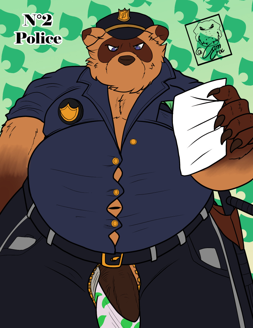 2021 absurd_res animal_crossing anthro belly bottomwear brown_body brown_fur camsan_r_s canid canine clothing fur hat headgear headwear hi_res humanoid_hands male mammal nintendo overweight overweight_male pants police police_badge police_hat police_officer police_uniform raccoon_dog shirt solo tanuki tom_nook_(animal_crossing) topwear underwear uniform video_games